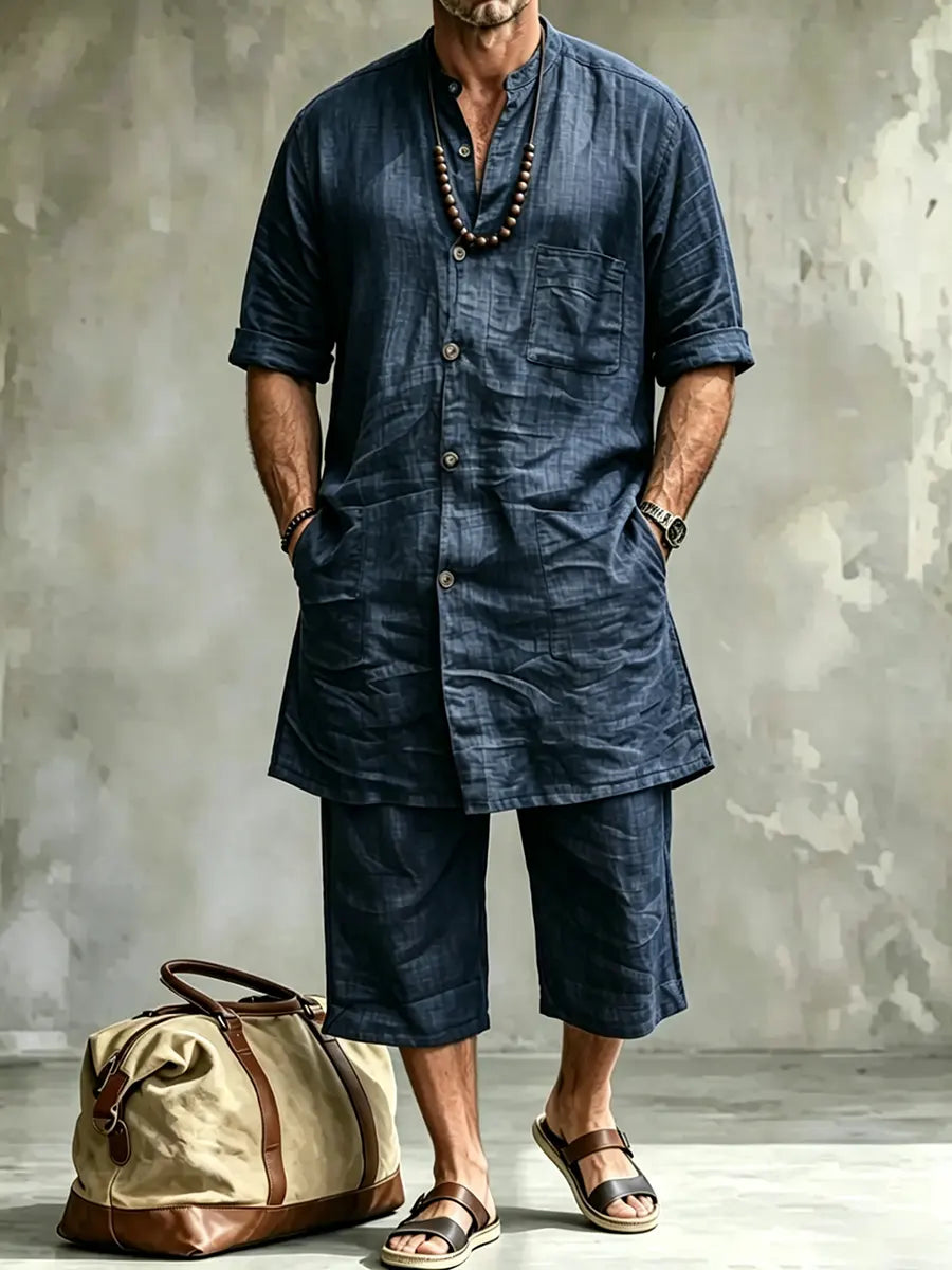 Men's Comfort Casual Short-sleeve Linen Top Shorts Two-piece