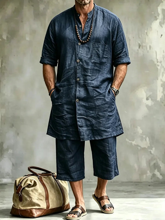 Men's Comfort Casual Short-sleeve Linen Top Shorts Two-piece