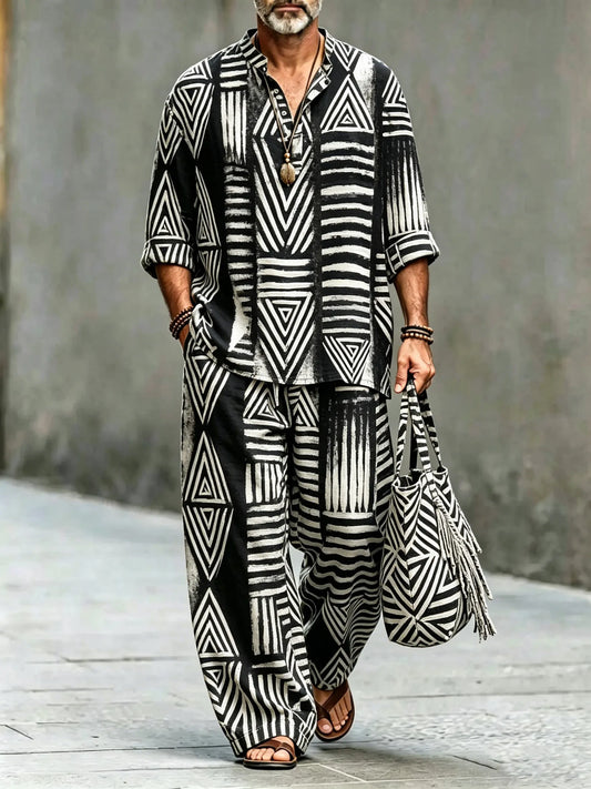 Men's Vintage Abstract Art Printed Cotton Shirt Set (Top & Pants)