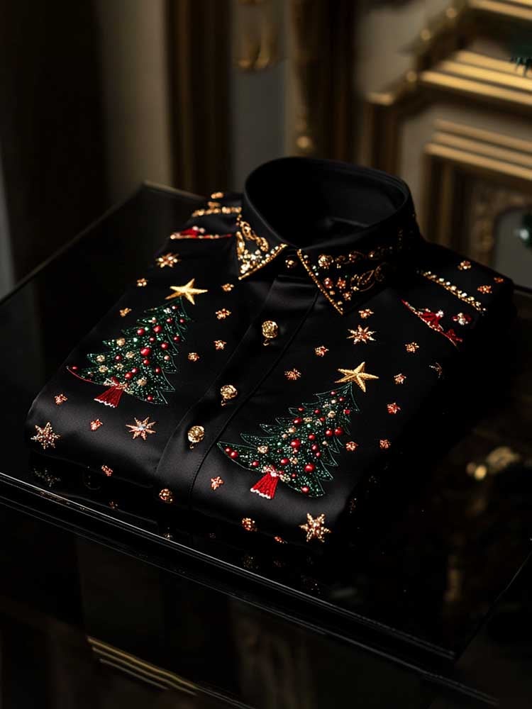 Men's Christmas Satin Luxe Long Sleeve Button Down Shirt