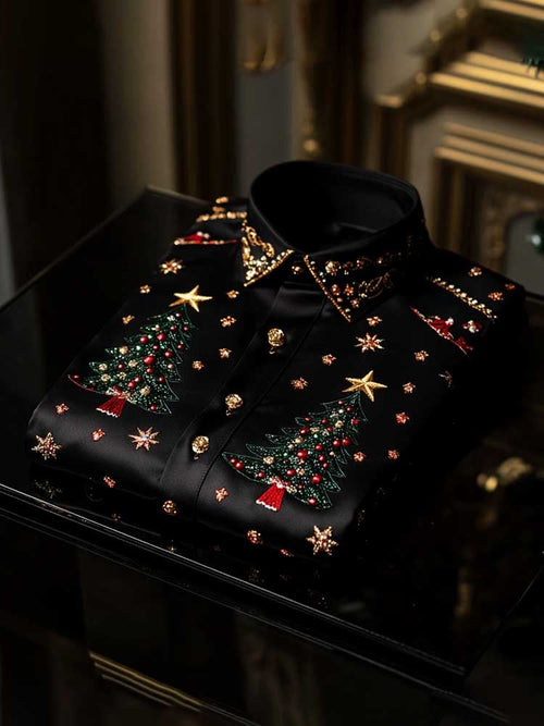 Men's Christmas Satin Luxe Long Sleeve Button Down Shirt