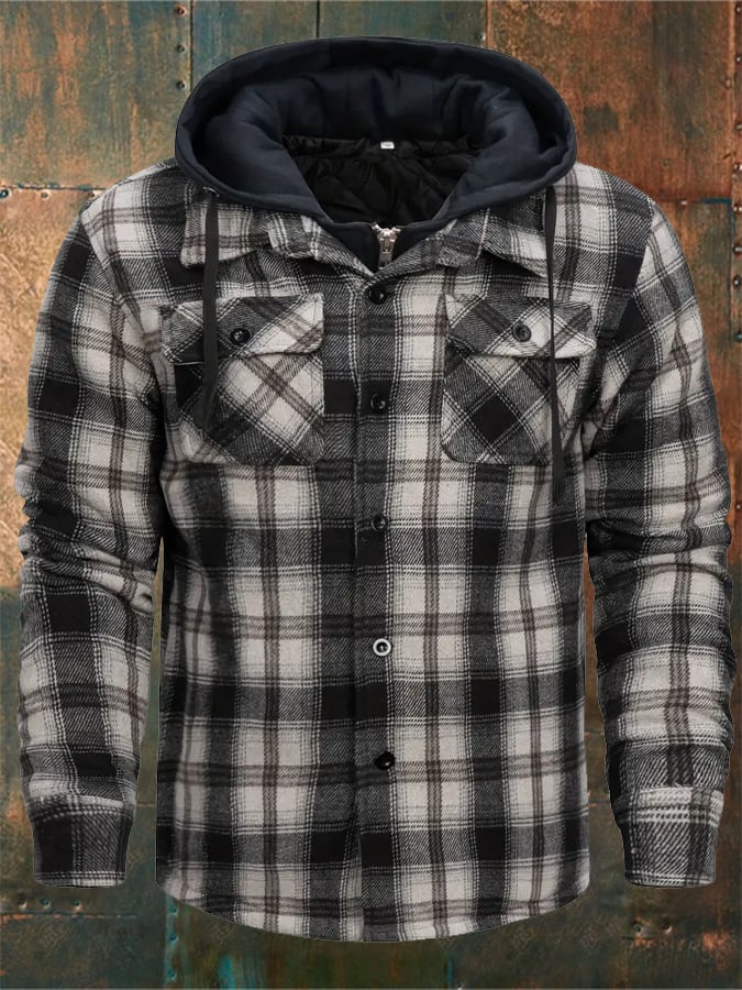 Men's Autumn And Winter Thickened Plaid Coat With Hood And Long Sleeves Fake Two-Piece Jacket