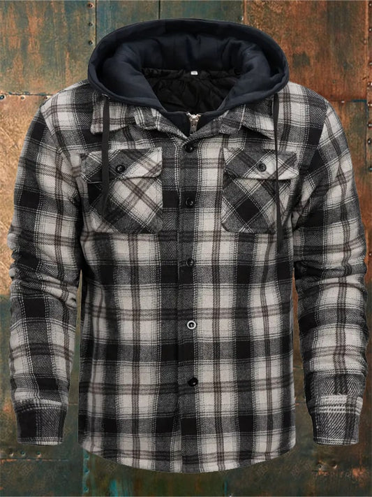 Men's Autumn And Winter Thickened Plaid Coat With Hood And Long Sleeves Fake Two-Piece Jacket