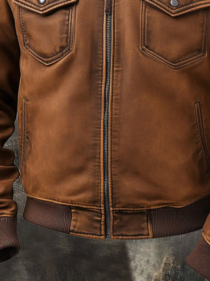 Men's Retro Classic Distressed Casual Fur Collar Pocket Jacket