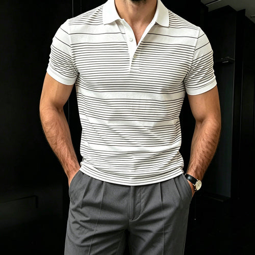 Men's Casual Gray & White Color Matching Striped Printed Short Sleeves Polo Shirt