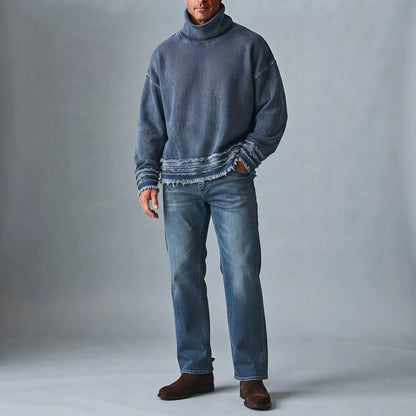 Men's Denim Turtleneck Distressed Raw Hem Long Sleeve Pullover Sweatshirt