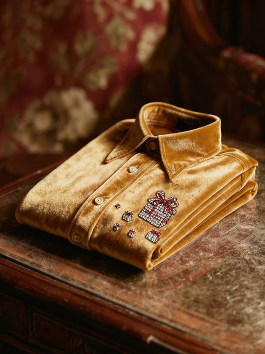 Men's Velvet Rhinestone Christmas Logo Casual Long Sleeve Shirt