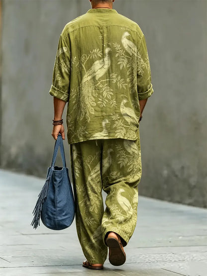Men's Retro Abstract Print Cotton Shirt Set