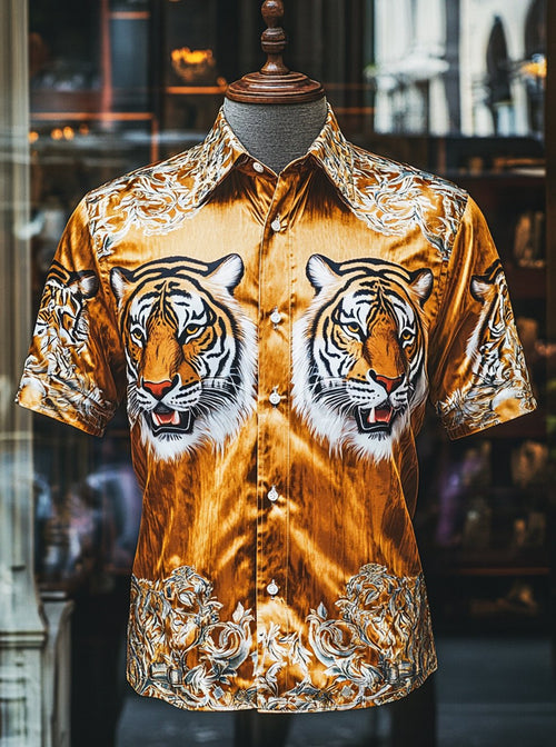 Men's Satin Luxury Business Striped Short Sleeve Button Shirt