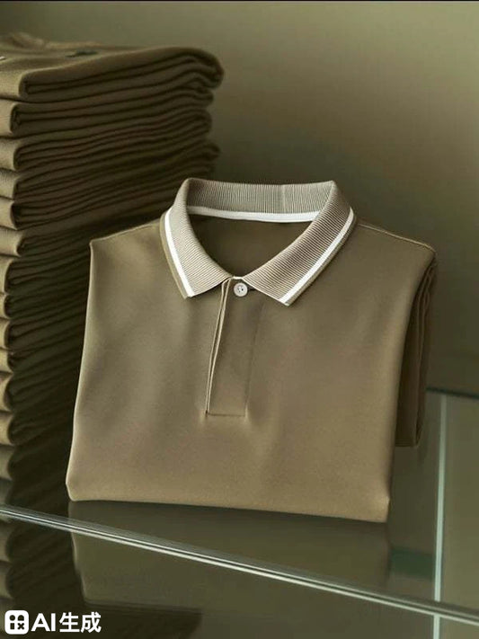 Men's Business Stripe Logo Print Short Sleeve Polo Shirt