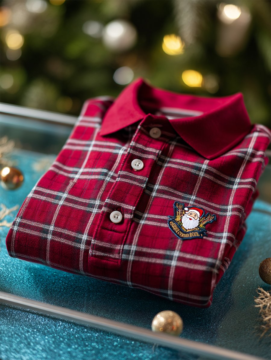 Men's Christmas Plaid Long Sleeve Polo Shirt