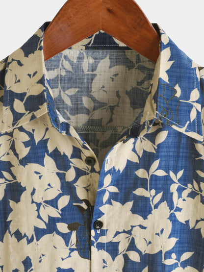 Men's Vintage Floral Blue Casual Beach Short Sleeve Shirt