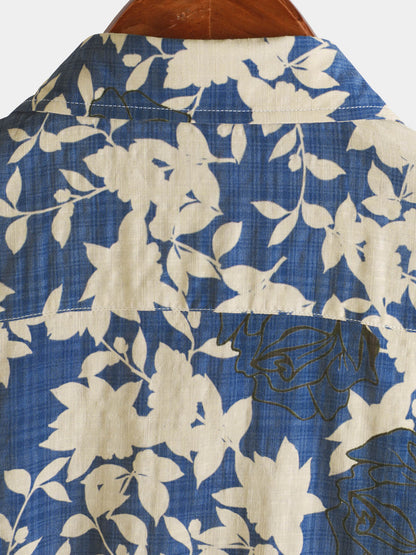 Men's Vintage Floral Blue Casual Beach Short Sleeve Shirt