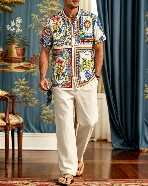 Men's Elegant Retro Lines Short-Sleeve Walking Set