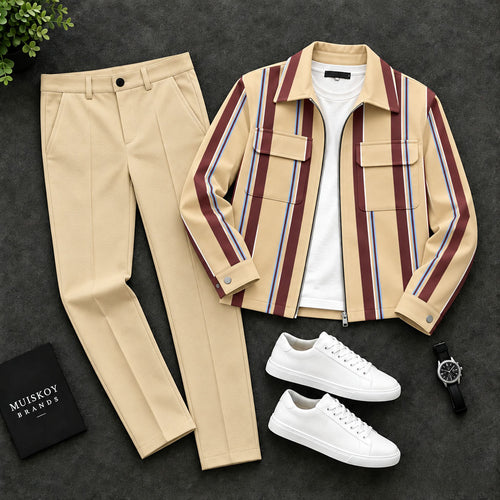 Men's Striped Two-Piece Set with Lapel Jacket and Pants