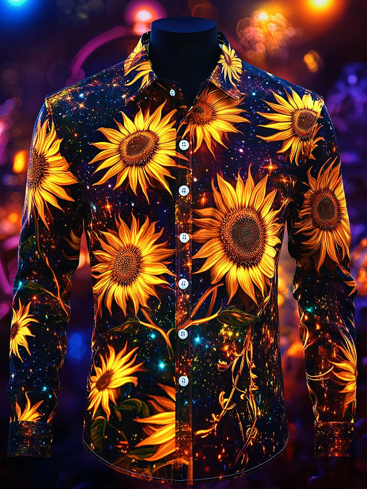 Men's Business Casual Sunflower Print Lapel Long Sleeve Shirt