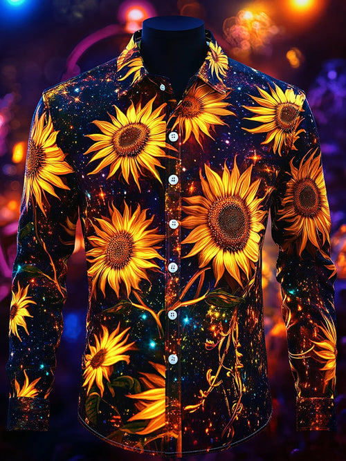 Men's Business Casual Sunflower Print Lapel Long Sleeve Shirt
