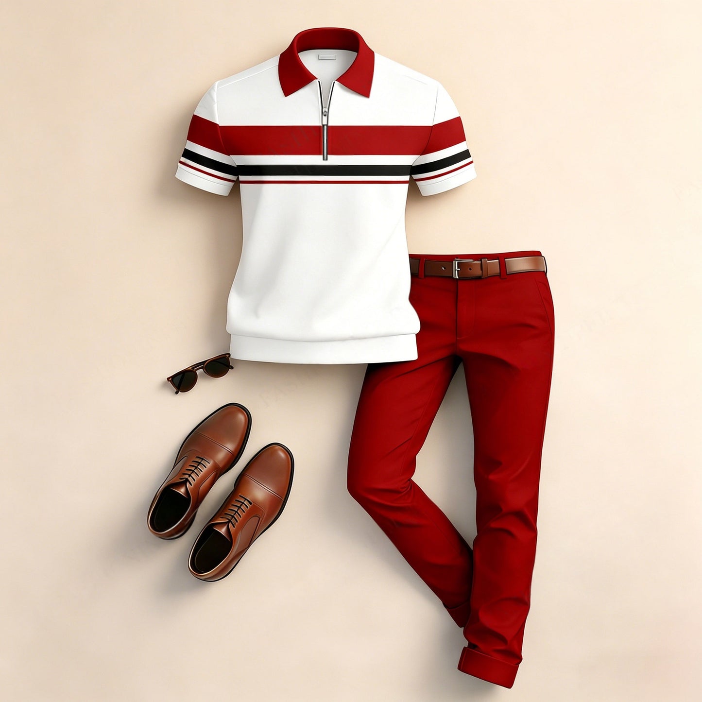 Men's Casual Horizontal Striped Patchwork Print Short-Sleeve Polo Shirt And Pants Two-Piece Set