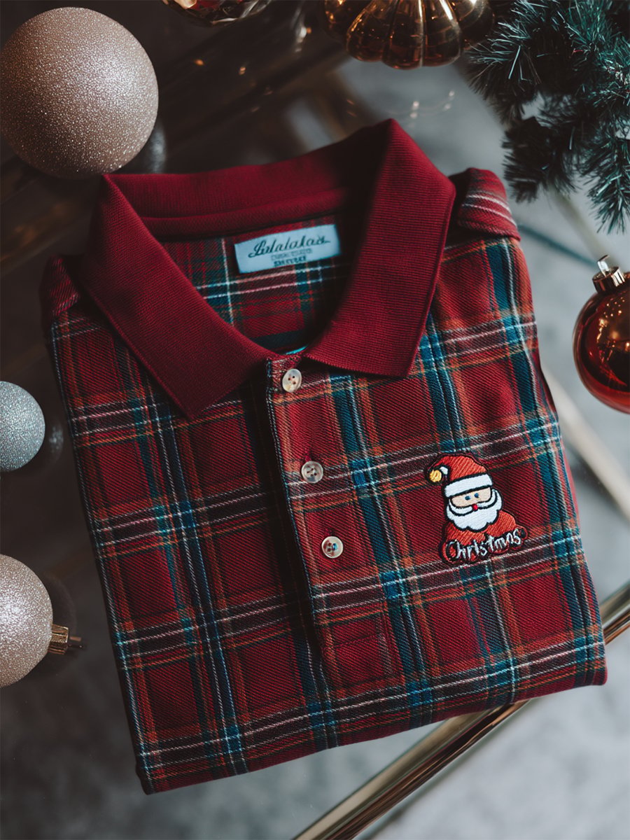 Men's Christmas Plaid Long Sleeve Polo Shirt