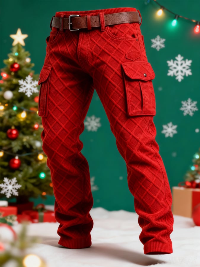 Men's Red Knitted Jacquard Textured Christmas Work Pants