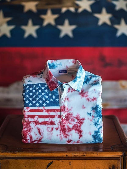 Men's Business Independence Day Tie-Dye Casual Button Short Sleeve Pol