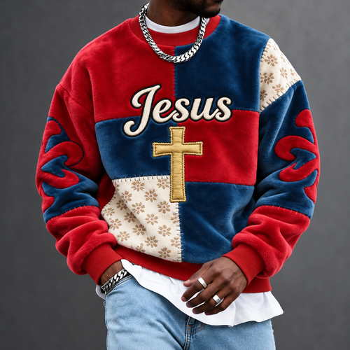 Men's Retro Patchwork Print Crewneck Sweatshirt