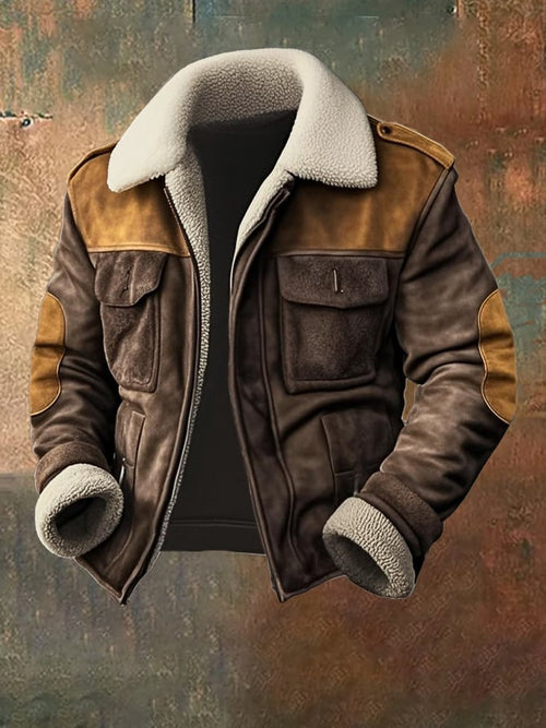 Men's Retro Classic Distressed Casual Fur Collar Pocket Jacket