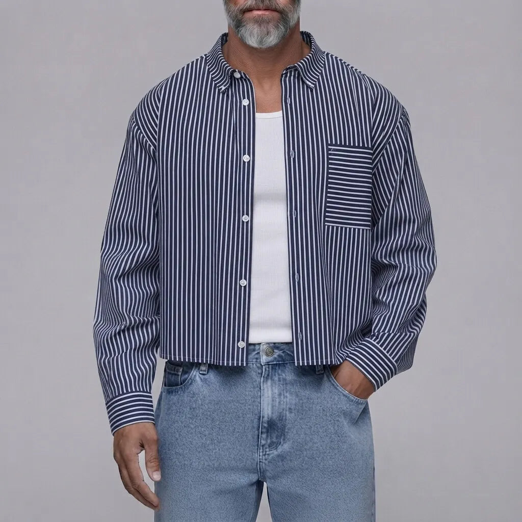 Men's Classic Striped Print Chest Pocket Button Down Long Sleeve Shirt