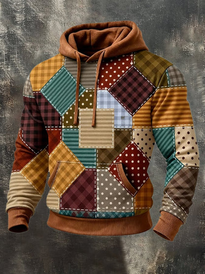 Men's Retro Distressed Color Block Print Casual Long Sleeve Sweatshirt