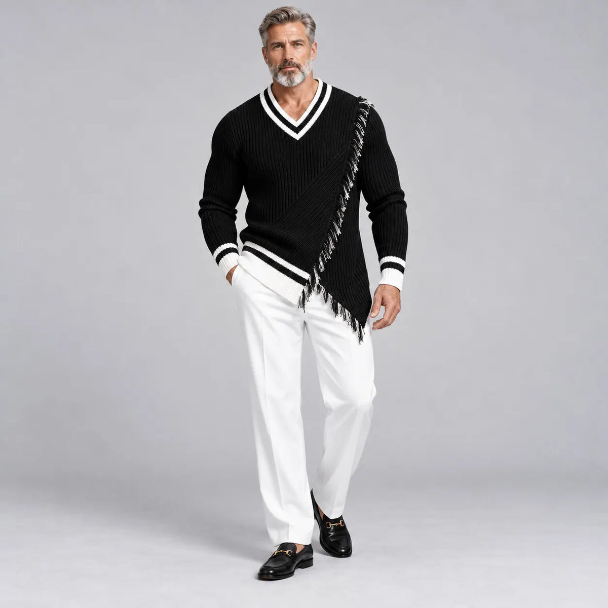 Men's Black V Neck Contrast Trim Fringe Asymmetrical Hem Ribbed Knit Sweater
