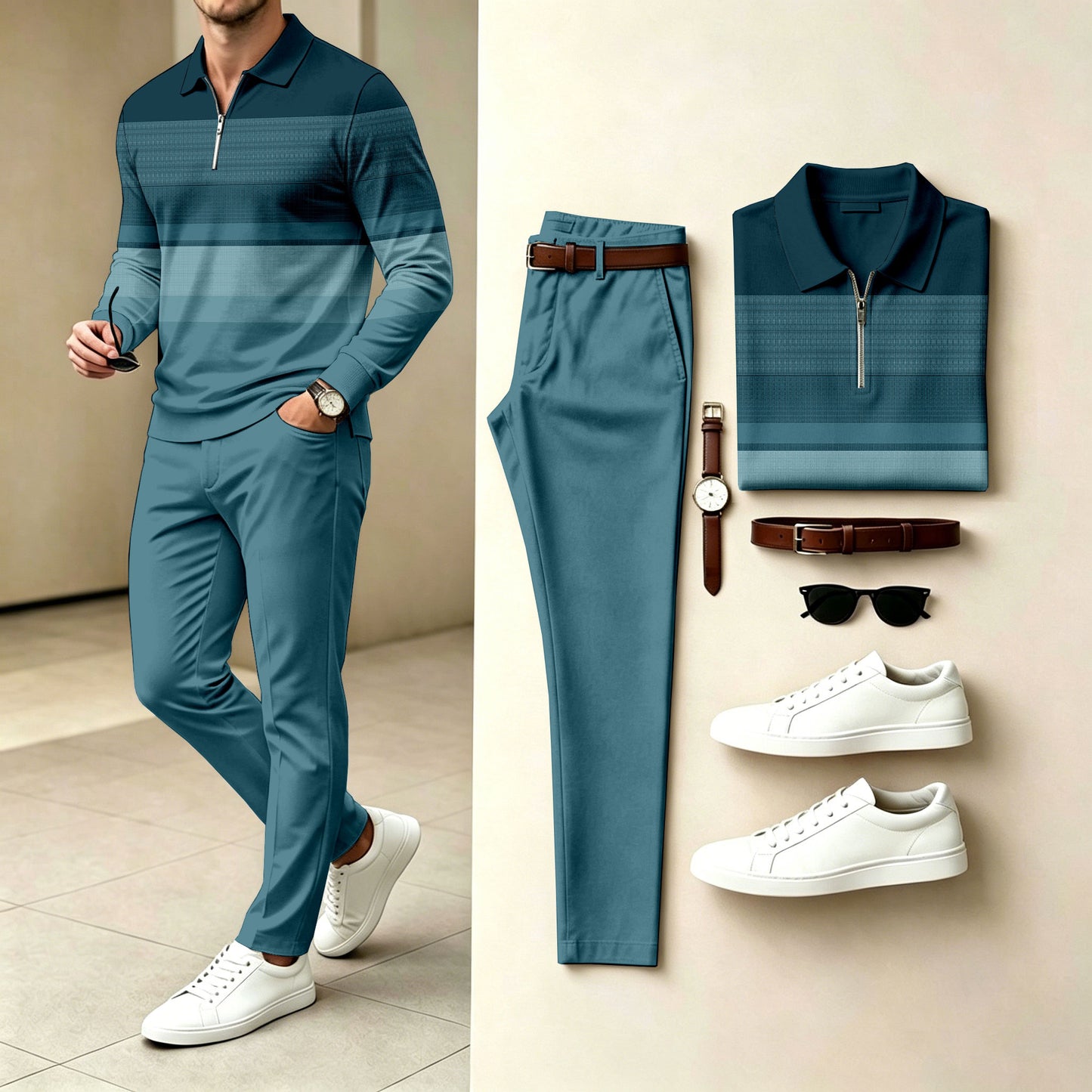 Men's Striped Polo-Collar Zipper Long-Sleeve Shirt and Pants Two-Piece Set
