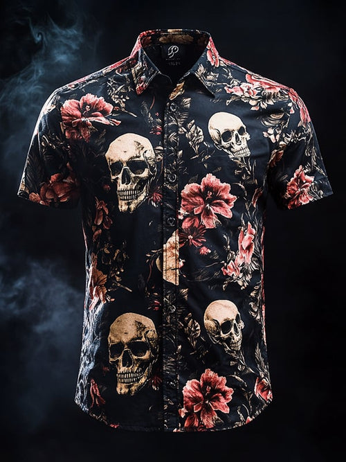 Men's Vintage Skull and Floral Short Sleeve Shirt