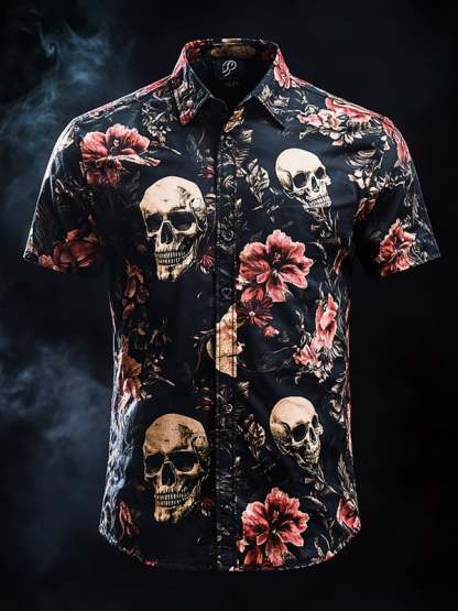 Men's Vintage Skull and Floral Short Sleeve Shirt