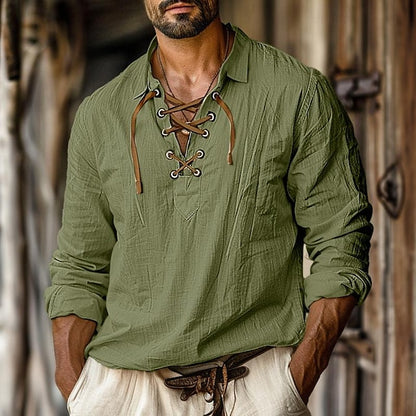 Men's Shirt Linen Shirt Viking Style Pirate Shirt Summer Shirt Beach Wear White Orange Green Light Blue Long-Sleeve Solid Color Collarless Street Daily Clothing Apparel