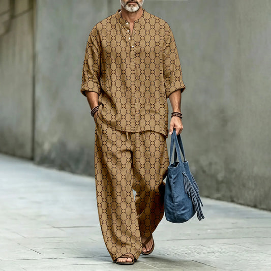 Men's Brown Stand-Collar Polo Shirt and Long Pants Two-Piece Suit Set