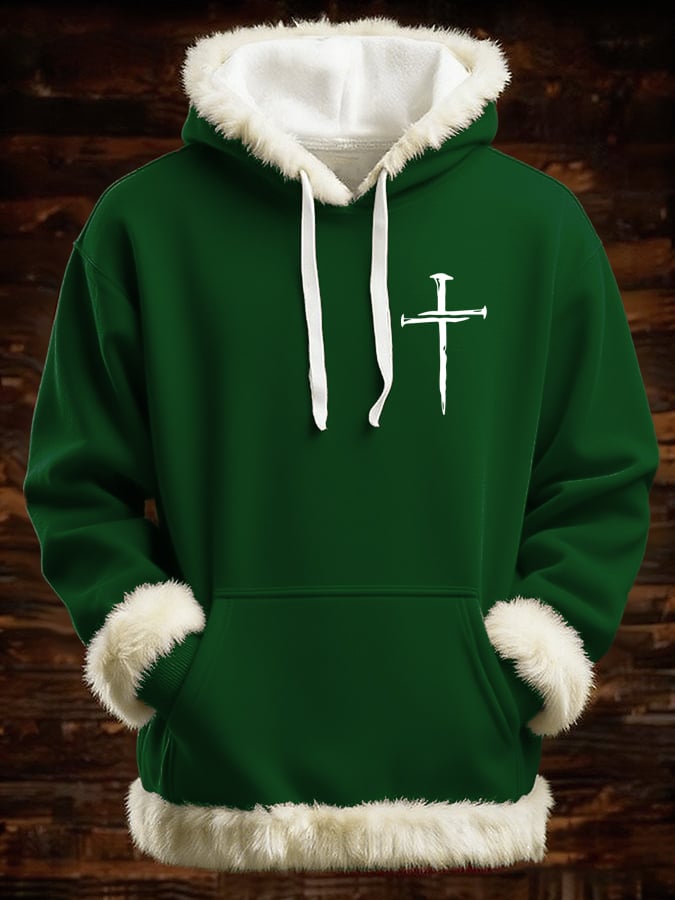 Men's Retro Faith Cross Print Patchwork Fur Collar Hooded Sweatshirt