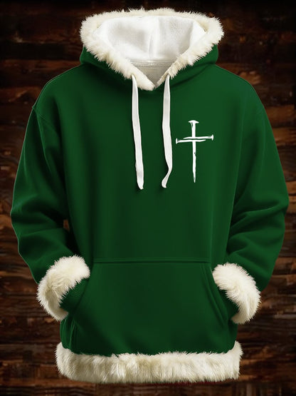 Men's Retro Faith Cross Print Patchwork Fur Collar Hooded Sweatshirt