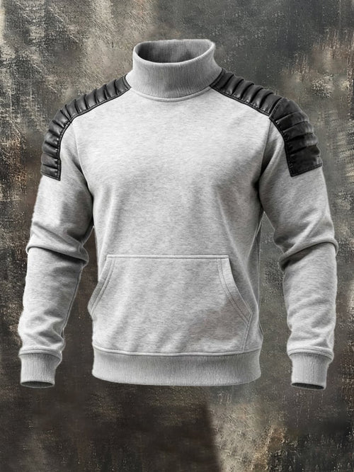 Men's Retro Warm Splicing Soft Leather Mid-High Neck Long Sleeve Sweatshirt