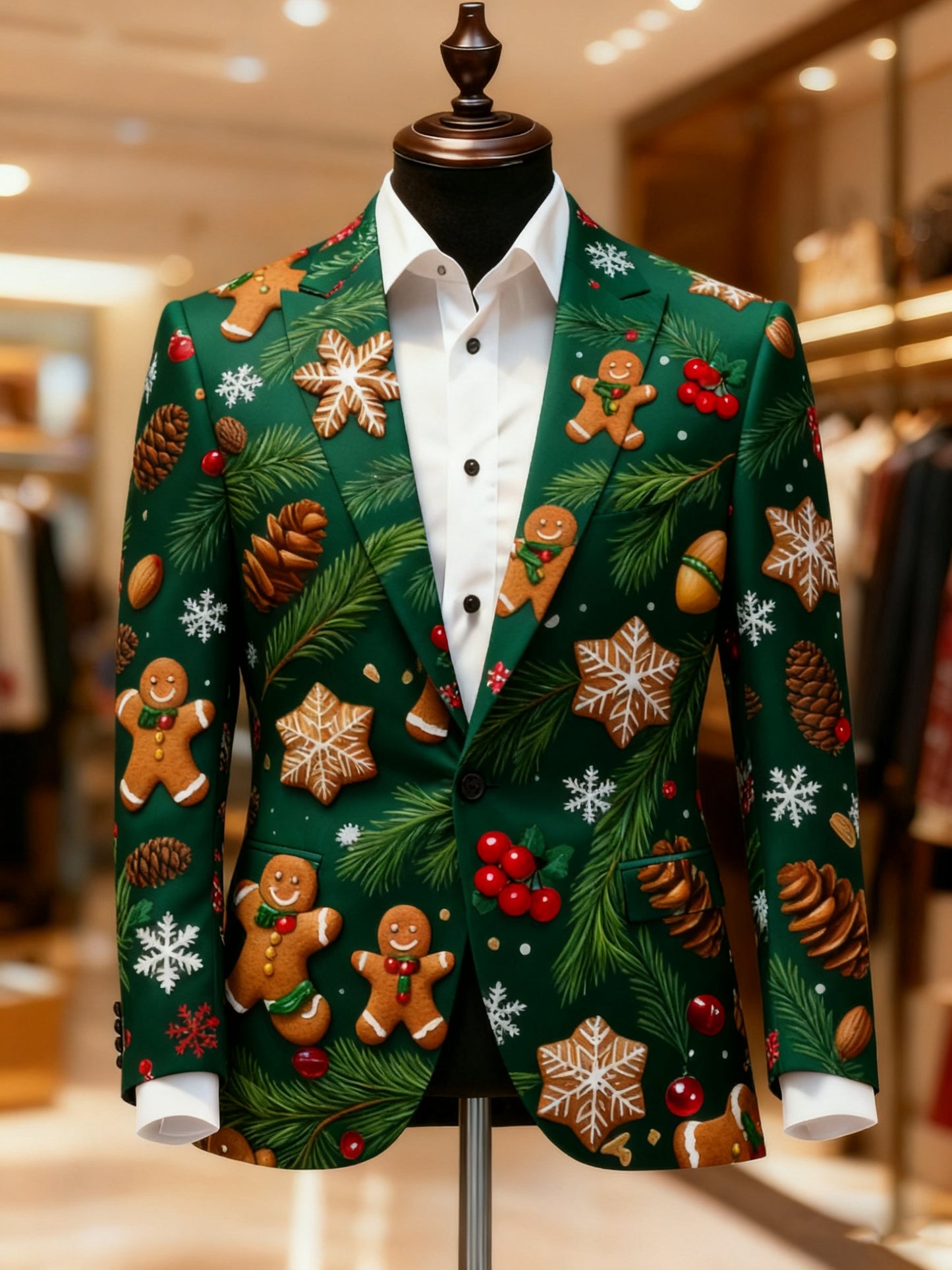 Men's Business Casual Notch Lapel Vintage Xmas Gingerbread Print Blazers