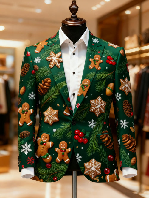 Men's Business Casual Notch Lapel Vintage Xmas Gingerbread Print Blazers