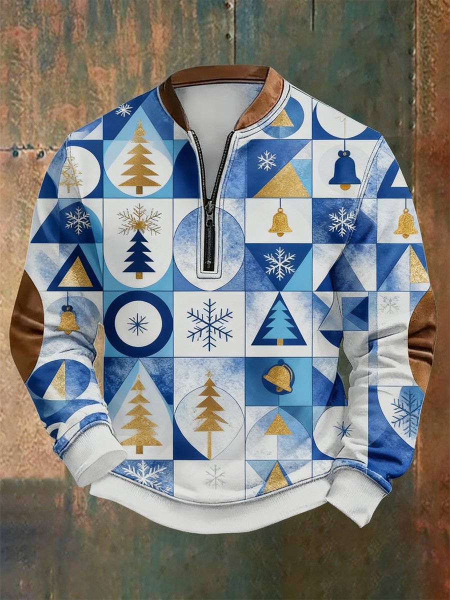 Men's Retro Christmas Bauhaus Geometric Style Print Quarter Zip Sweatshirt