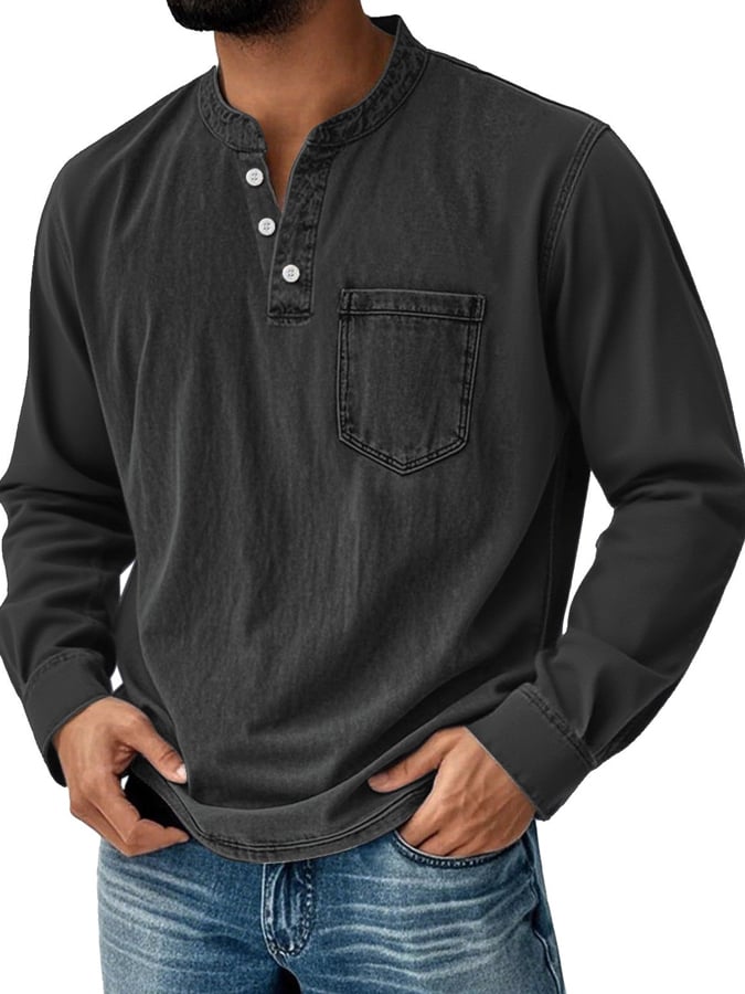 Men's Vintage Basic Distressed Long Sleeve Henley Shirt