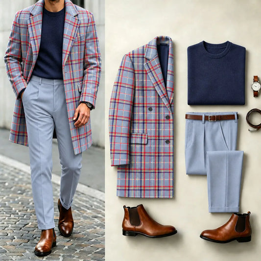 Men's Checkered Print Suit Set: Coat, Knit Sweater, and Pants