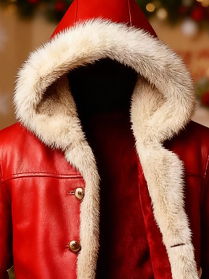 Men's Christmas Red Leather and Plush Mid-Length Coat (with Belt)