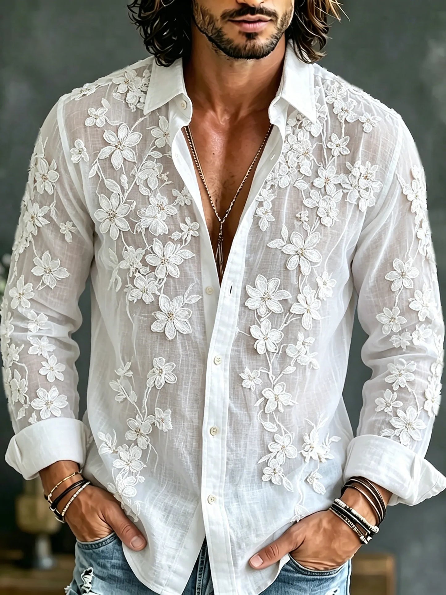 Men's Vintage Floral Embroidered Art Linen Blend Long Sleeve Shirt