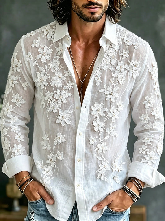 Men's Vintage Floral Embroidered Art Linen Blend Long Sleeve Shirt