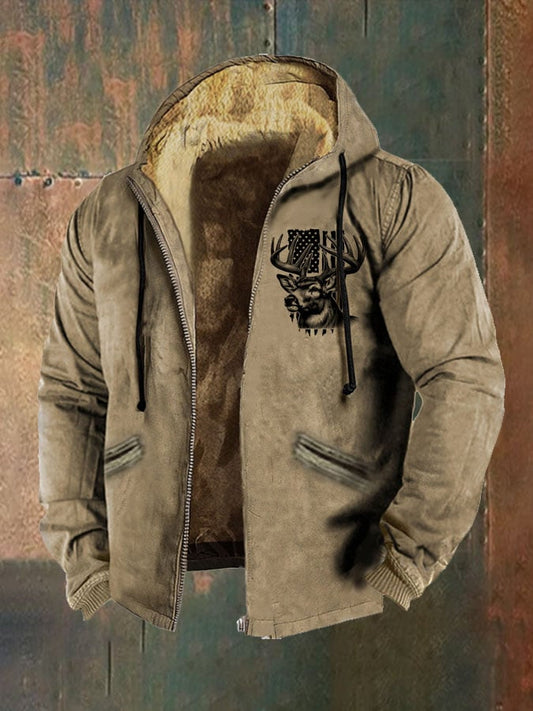 Men's Vintage Hooded Collar Print Fleece Jacket