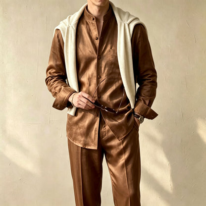 Men's Casual Solid-Color Printed Stand-Collar Long-Sleeve Shirt and Pants Two-Piece Set
