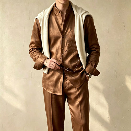 Men's Casual Solid-Color Printed Stand-Collar Long-Sleeve Shirt and Pants Two-Piece Set