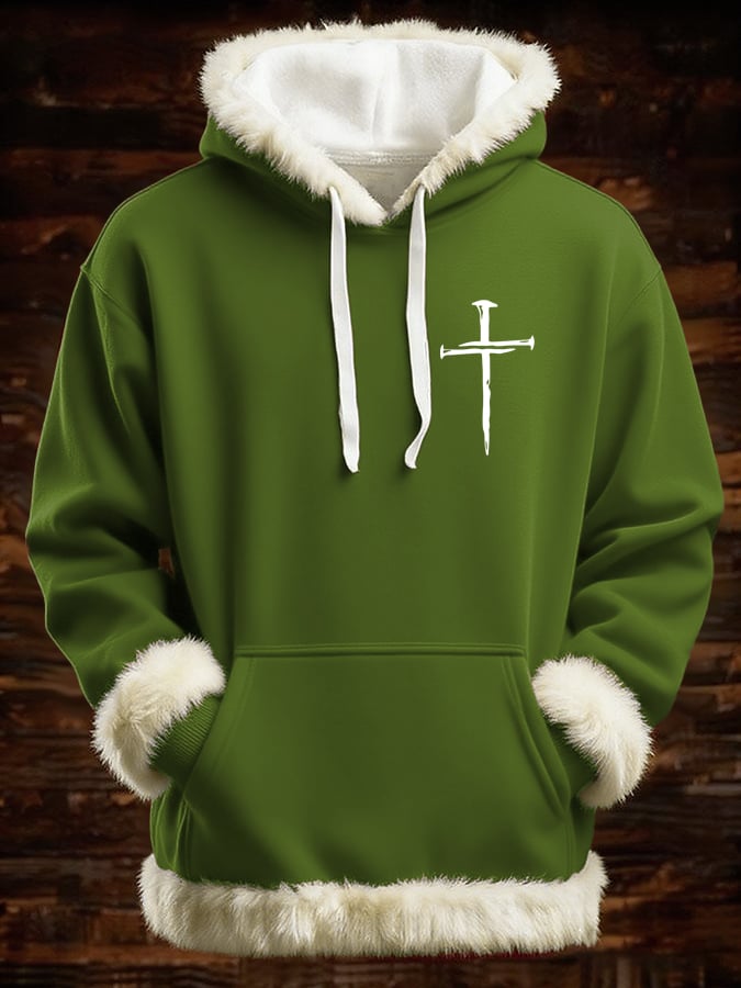 Men's Retro Faith Cross Print Patchwork Fur Collar Hooded Sweatshirt